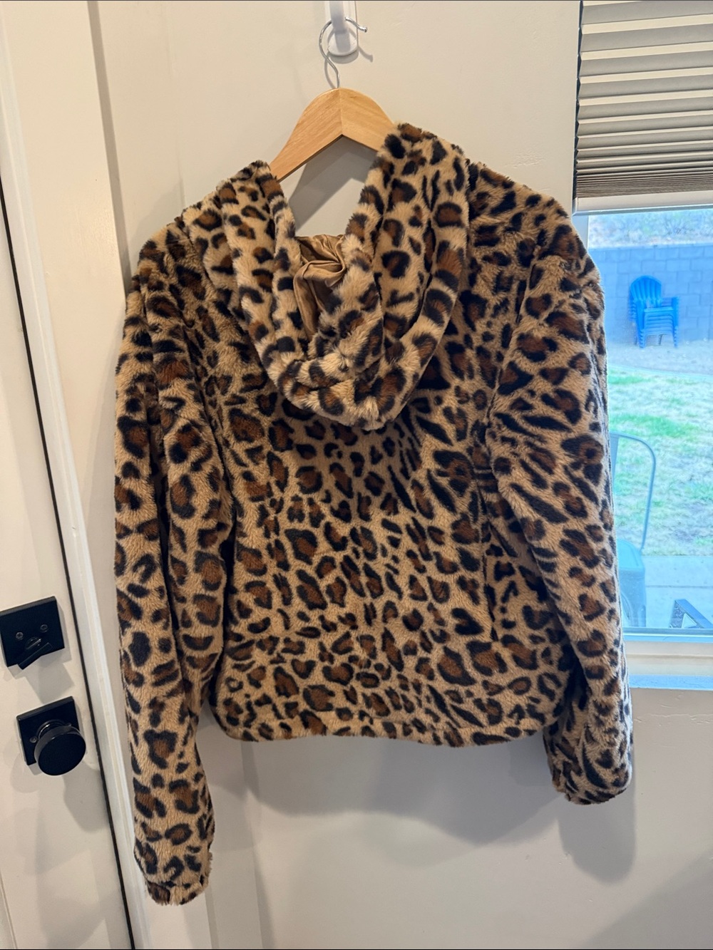 Leopard Print Faux Fur Hooded Puffer Jacket - Tan/Black - Picture 3 of 4